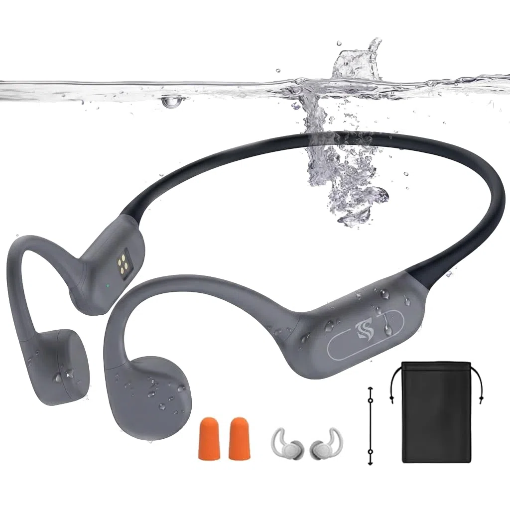 Kopfhörer Schwimmen – Knochenschall Kopfhörer Bluetooth 5.4, IPX8 Wasserdichte Sportkopfhörer mit MP3-Modus, Unterwasser Open Ear kopfhörer mit 32 GB Speicher, Leicht & Sicher für Laufen (Grau)