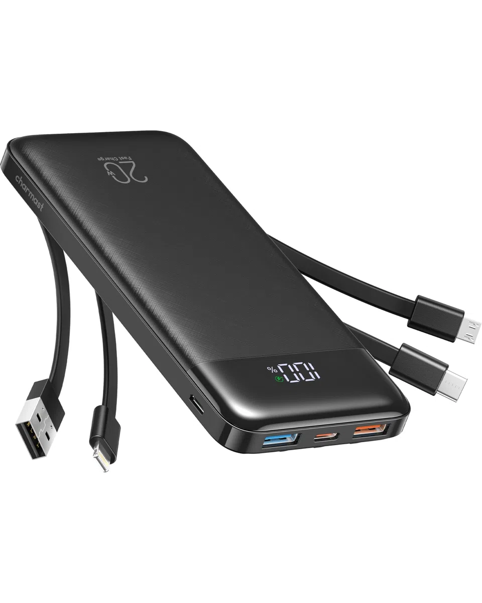 Charmast Power Bank, 22,5W Powerbank 20000mAh mit 4 Kabel und LED-Display, USB C PD3.0 QC4.0 Externe Handyakkus mit 6 Ausgängen Kompatibel mit iPhone 17 16 15 14 13 12 Pro Max Plus Samsung S24 Tablet