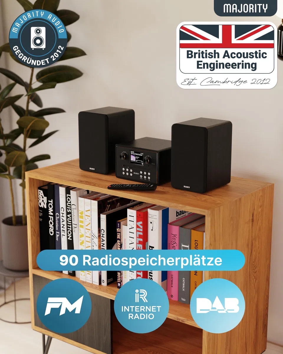 Internetradio WLAN Stereoanlage | HiFi Anlage DAB+ & UKW | CD Player Bluetooth 5.3 | Musikanlage mit Regallautsprechern | Kompaktanlagen mit Spotify Connect & Podcasts | MAJORITY Homerton HiFi
