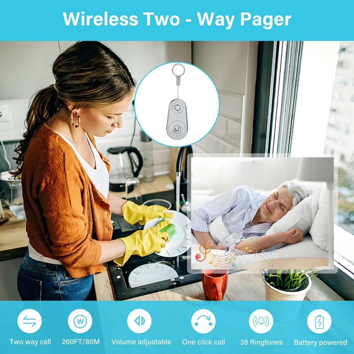2-Kanal-Rufmaschine Caregiver Pager Call Button Elderly Wireless Call Button Einstellbare Lautstärke Mehrere Musikoptionen für Home Office