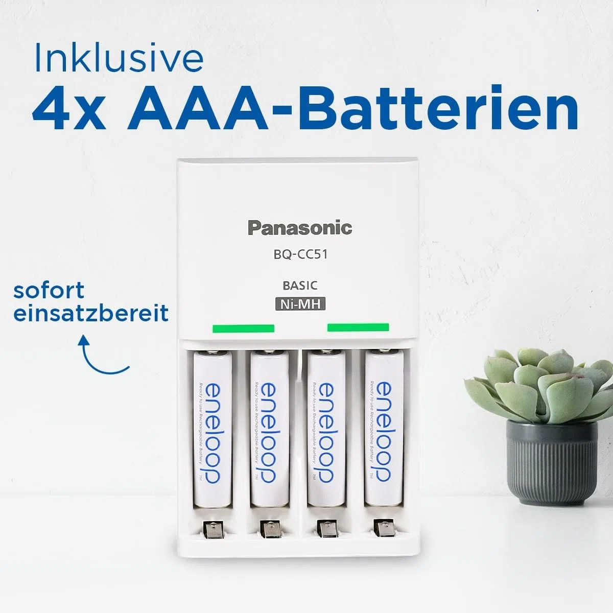eneloop Basis-Ladegerät für 2 oder 4 AA/AAA NI-MH-Akkus. Mit neuen Sicherheitsfunktionen, 4 eneloop AAA/Micro-Akkus verbesserter Kapazität mit 6 Sicherheitsfunktionen