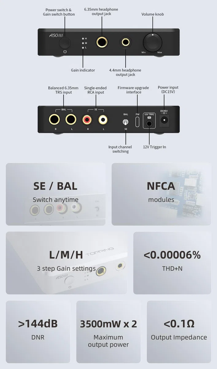 TOPPING A50 III NFCA Kopfhörerverstärker-Vorverstärker – SE/BAL-Eingang 6,35 mm Single-Ended 4,4 mm symmetrische Buchse 3500 mW x2 leistungsstarker Ausgang (Silber)