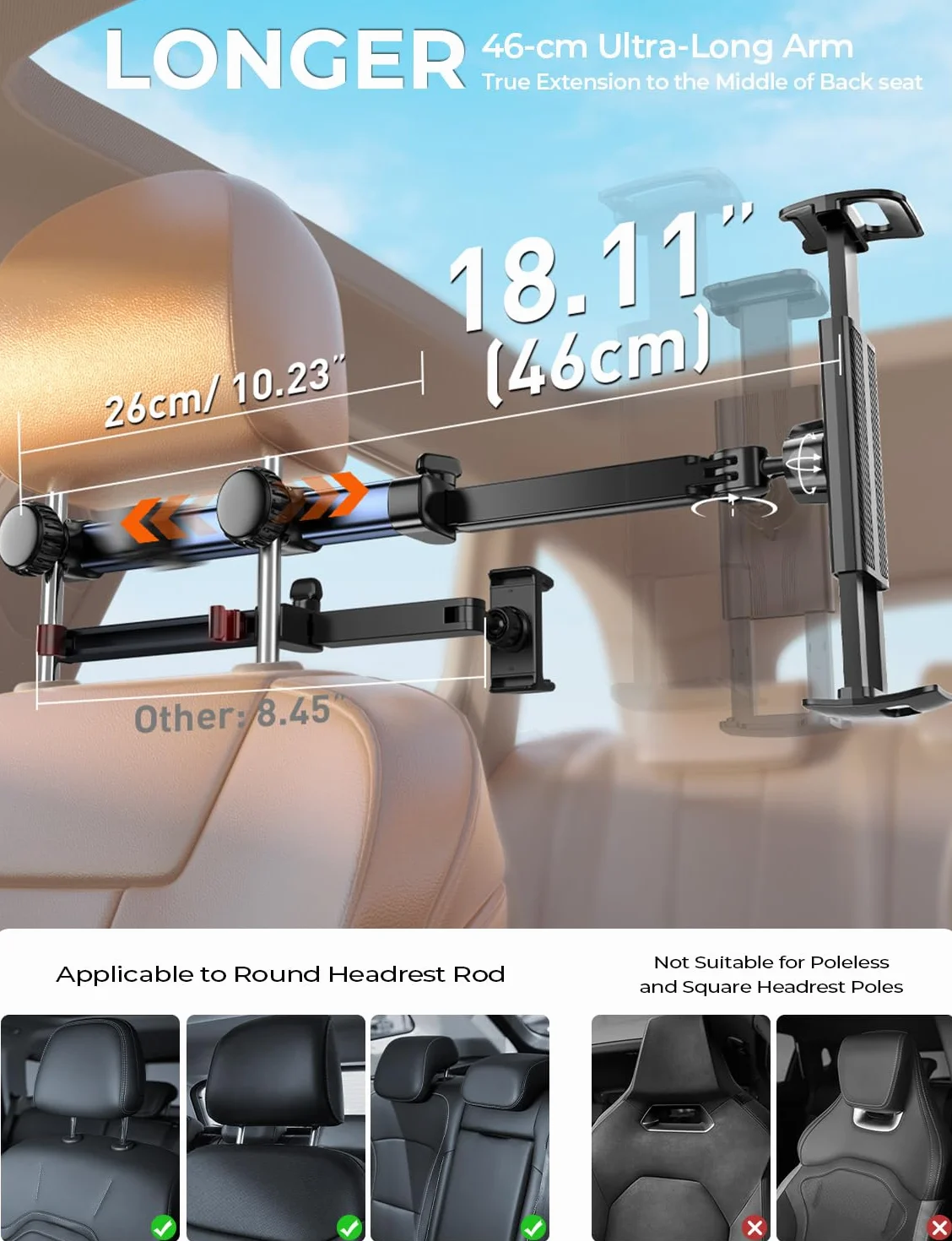 TRYONE Tablet Halterung Auto Kopfstütze - [46cm Langarm] [3 in 1 Ausziehbare] KFZ Tablethalterungen Reise Zubehör für Kinder, Autohalterung für iPad für Sumsung Tab/Switch/Handys & 4,7-13 Zoll Geräte