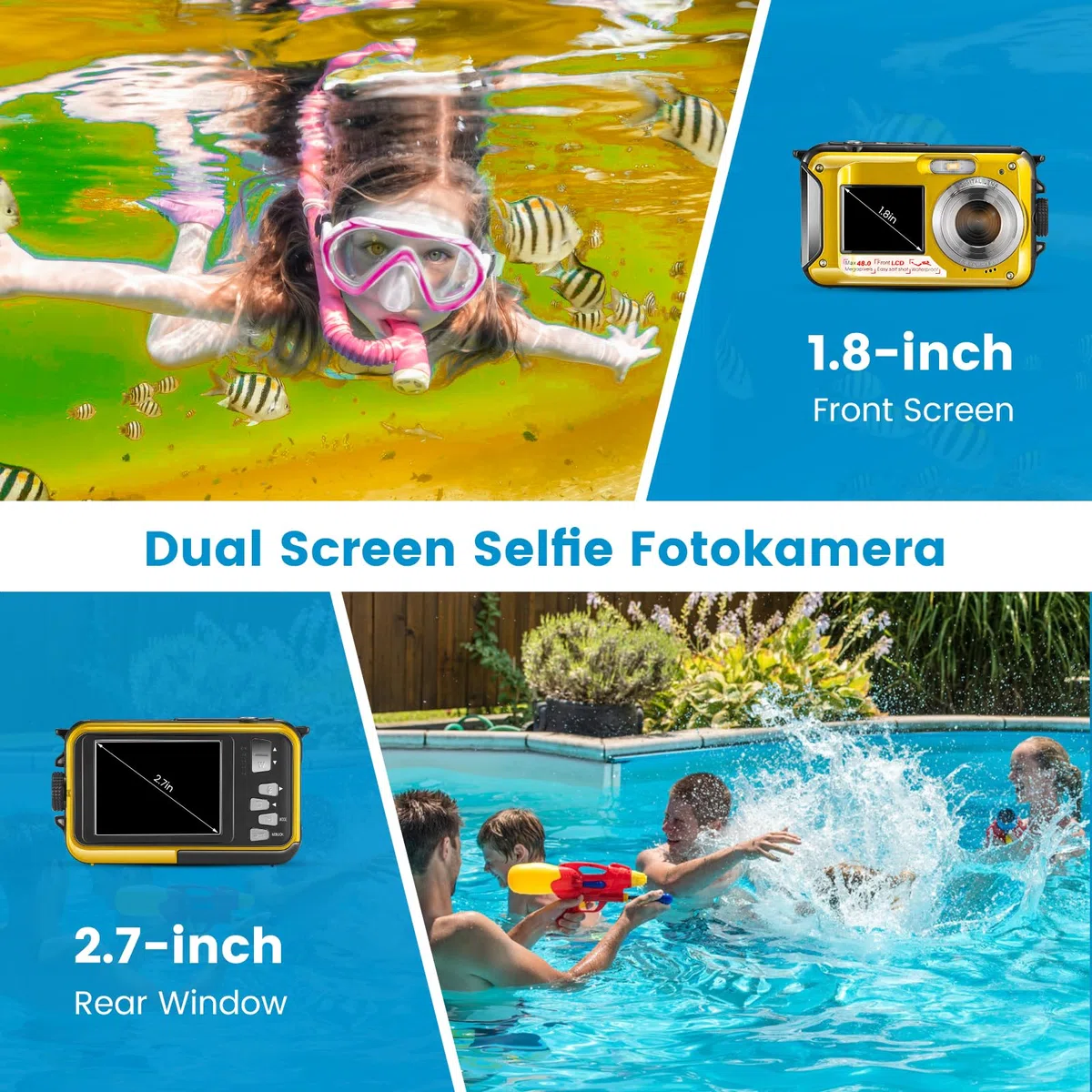 Unterwasserkamera Full HD 2.7K 48MP Autofokus Digitalkamera 10FT Dual-Screen Wasserdichte Selbstfotocamera Anti-Shake 16x Digital Zoom für Schnorcheln und Schwimmen