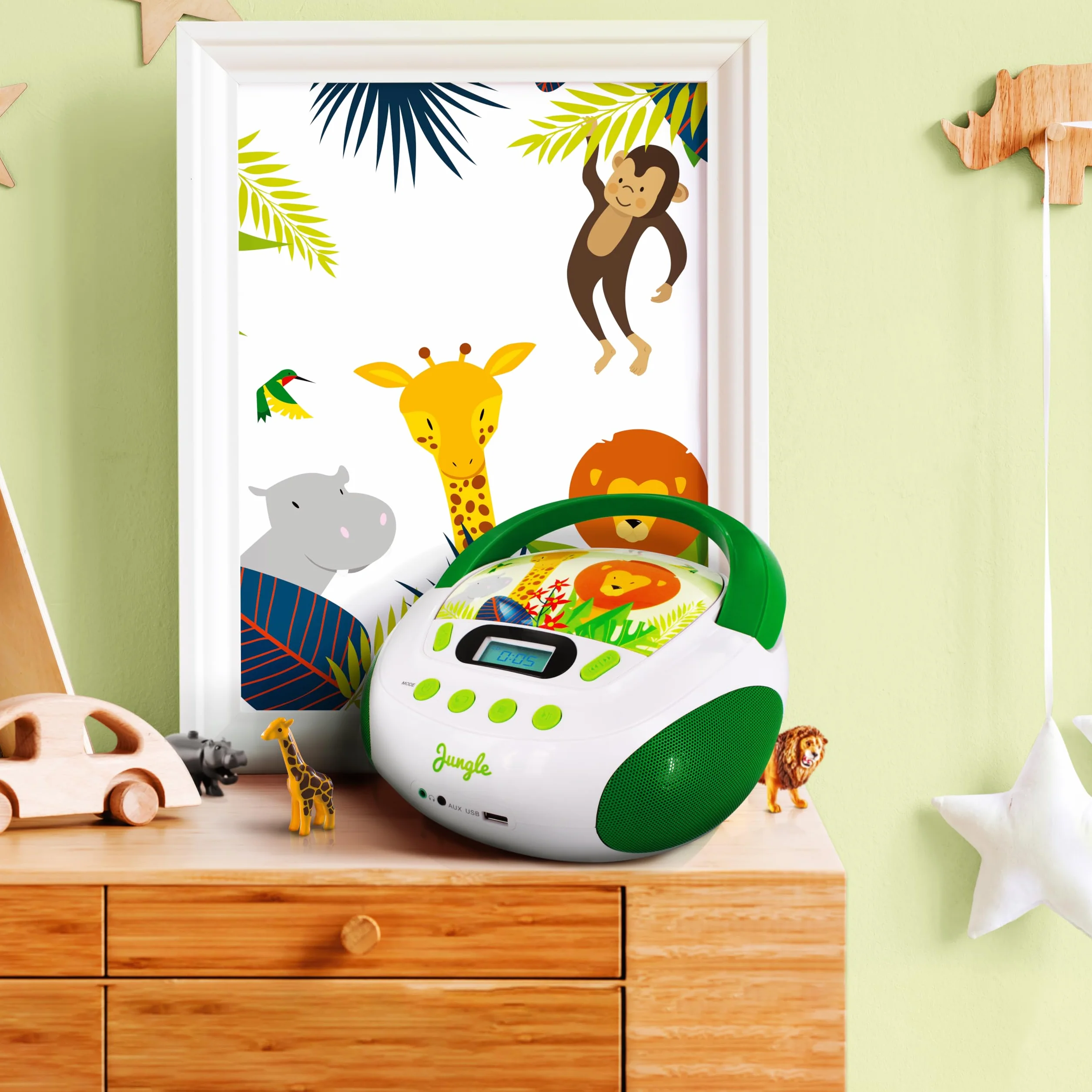 mooov 477144 CD Player für Kinder mit Lautsprechern, USB, Kopfhöreranschluss, AUX-IN-Port - Boombox CD Spieler Tragbar - Netzbetrieb oder Batterien - Modell Jungle - Grün/Weiß