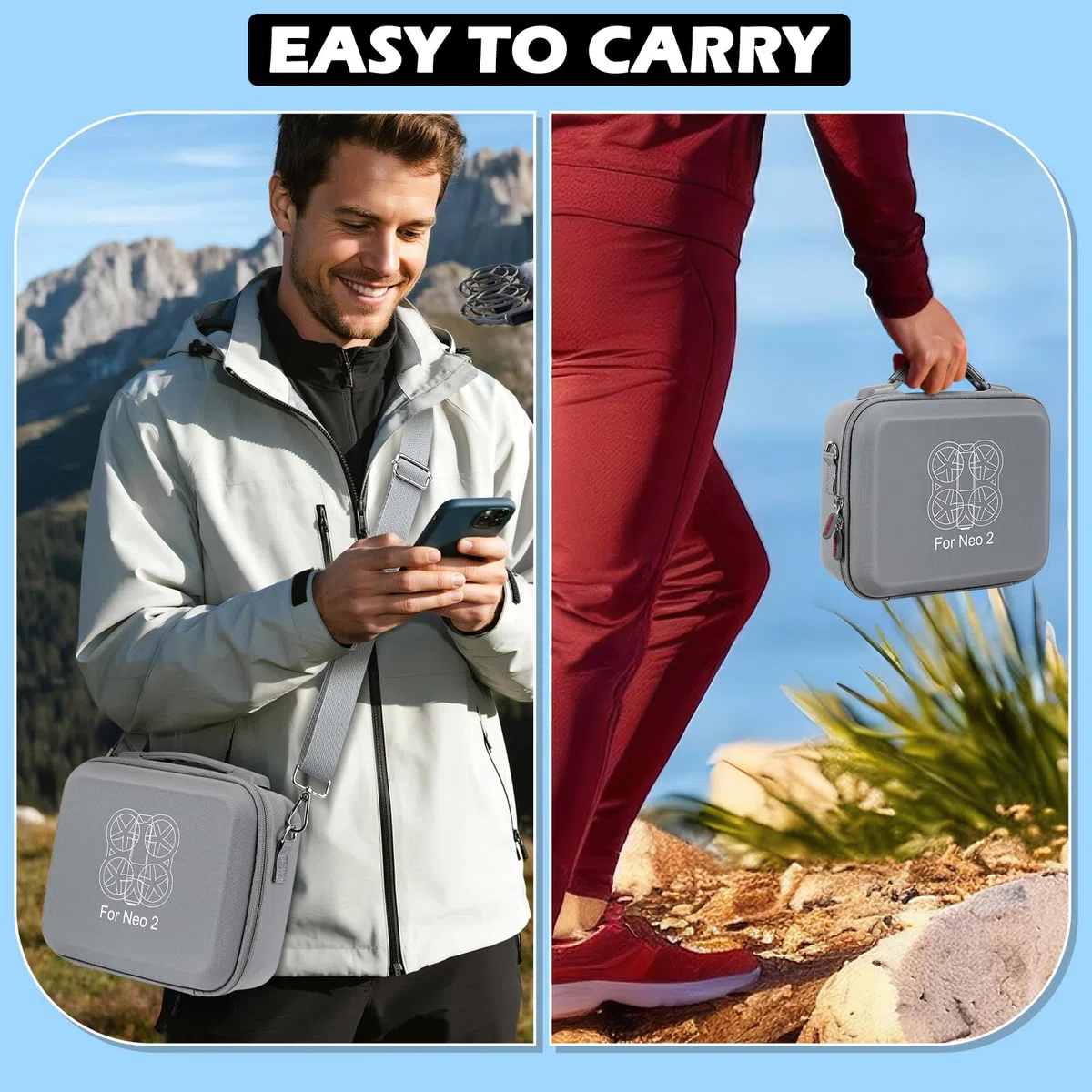 Neo 2 Tasche mit Verstellbarem Schultergurt – Tragbare Tragetasche für DJI Neo 2 Drohne, Akkus, Zweiwege-Ladestation und Sonstiges kleines Zubehör – Grau PU