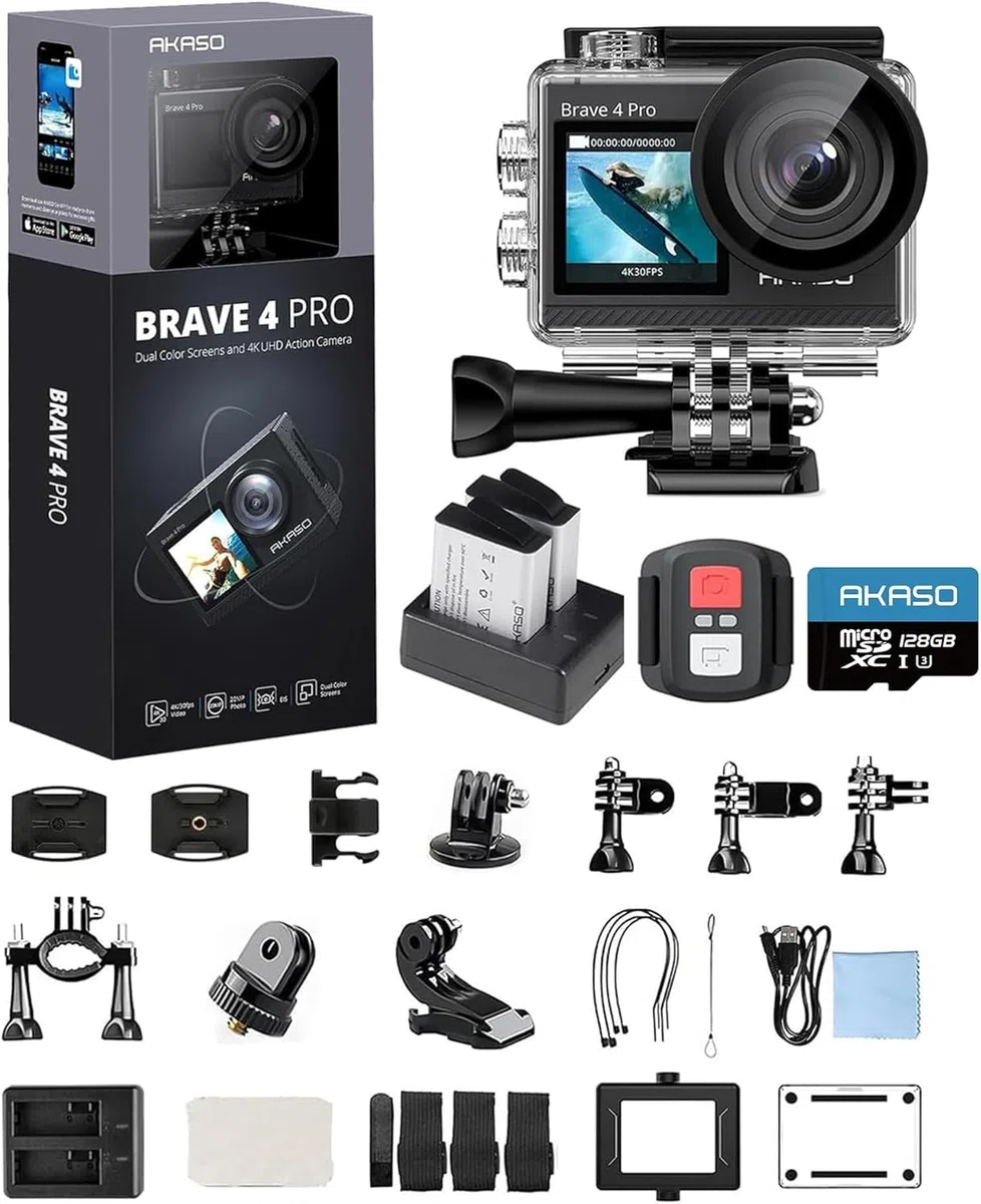AKASO Brave 4 Pro Action Cam 4K 30FPS 20MP 128GB U3 Speicherkarte 40M Unterwasserkamera Ultra HD Touchscreen 170° Weitwinkel EIS Stabilisierung 5X Zoom 2.4G Fernbedienung 2 Akkus 1350mAh