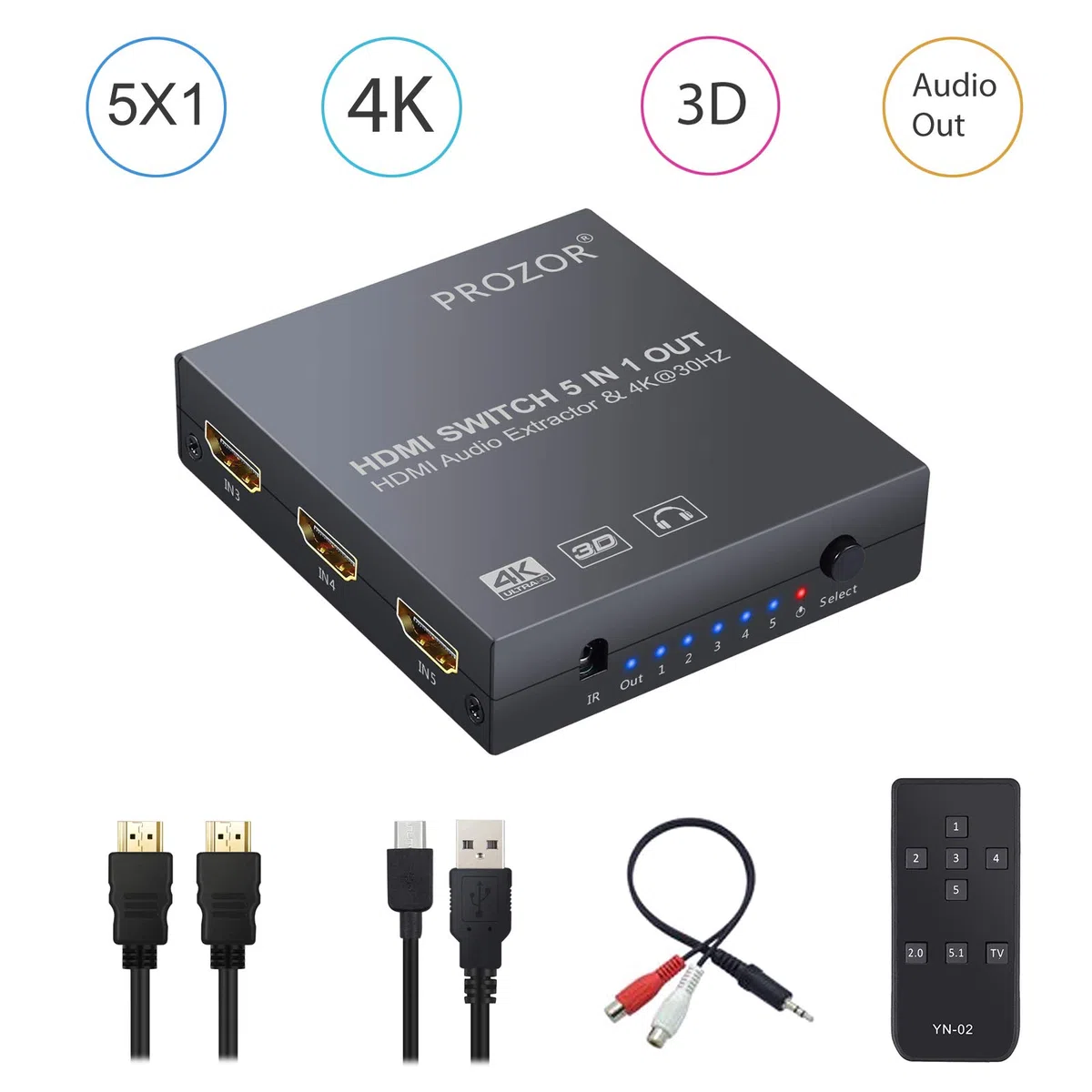 PROZOR HDMI Switch Audio Konverter 4K 3D Umschalter mit Audio Extraktor 5x1 mit IR-Fernbedienung 3 Fuß HDMI 1.4-Kabel