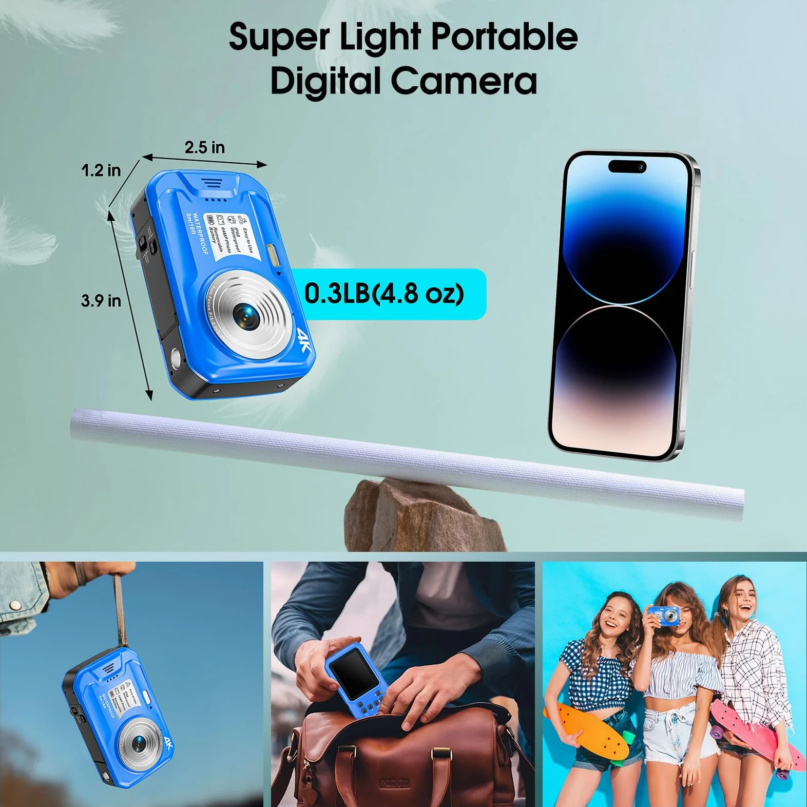 Unterwasserkamera 4K UHD, 64MP Autofocus Digitalkamera wasserdichte mit 32GB Karte, IP68 & 16FT Unterwasserkamera mit IPS HD Bildschirme, 16X schwimmfähig Digitalzoom, Aufhelllicht, zum Schnorcheln