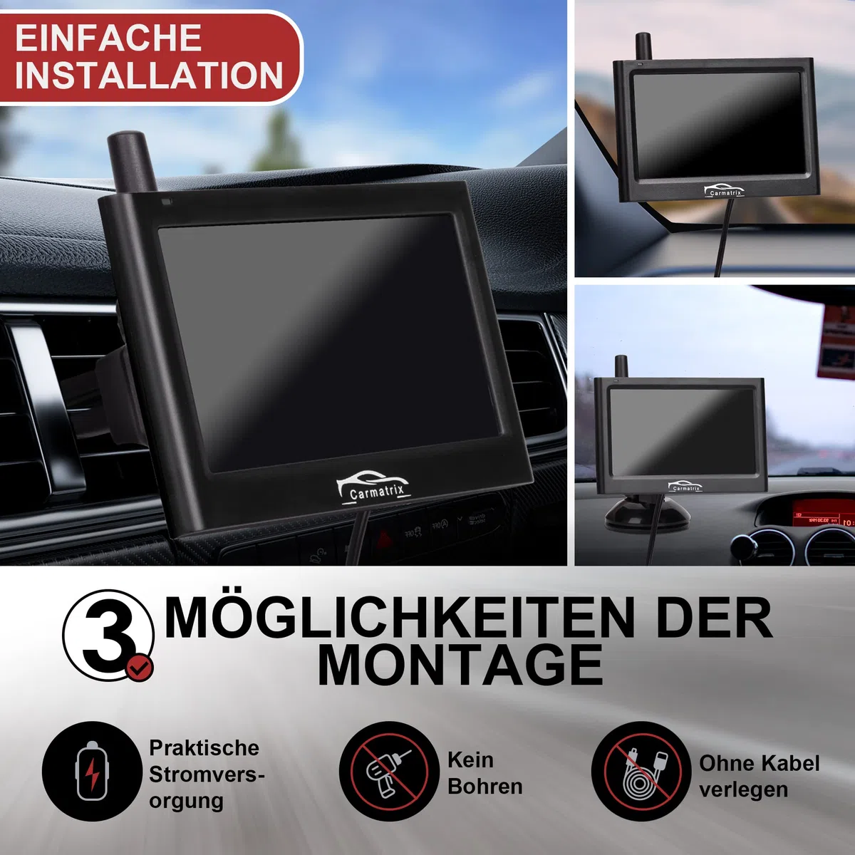 Funk Solar Auto Rückfahrkamera solarbetrieben im Nummernschild mit 4,3 Zoll Monitor Rückfahrsystem Solarpanel kabellos Digital