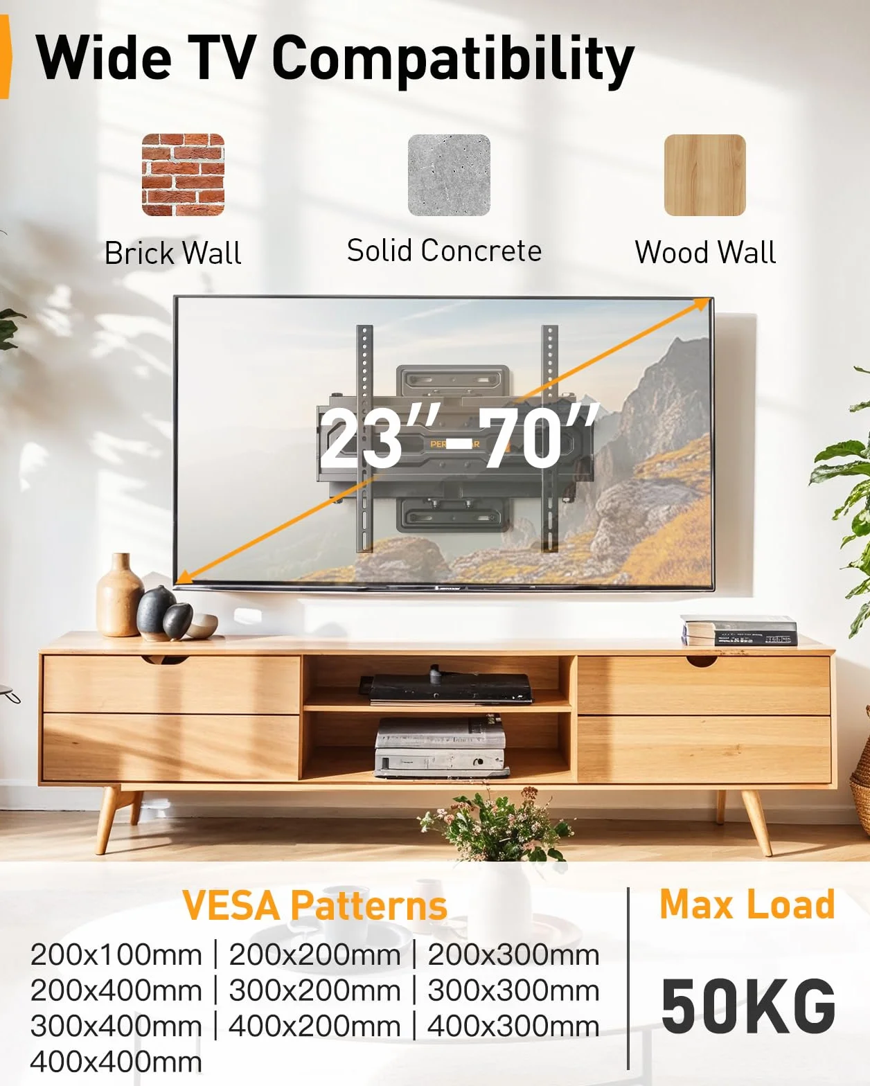 Perlegear TV Wandhalterung für 23-70 Zoll TVs bis 50 kg, Höhenverstellbare Wandhalterung Fernseher mit Schnelle Neigungsverstellung, Fernseher Halterung 55 Zoll Schwenkbar, Max VESA 400x400 mm
