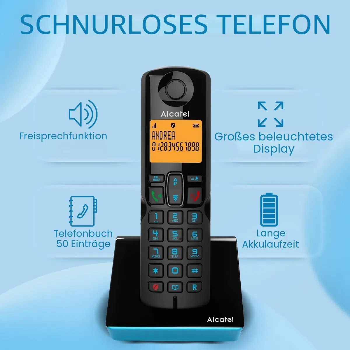 Alcatel S280 Schwarz und Blau, Freisprecheinrichtung, Anrufsperre, Telefonbuch mit 50 Namen und Nummern