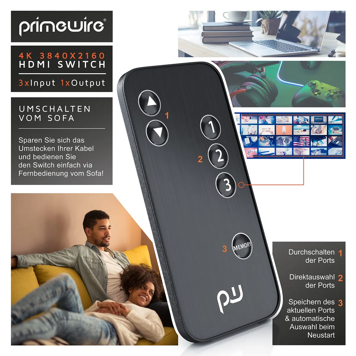 CSL - HDMI 2.0 Verteiler 4k 60Hz - 3 Port Switch mit Fernbedienung - 2.0b Ultra HD 4096x2160 3840x2160 - HDR - 3D Ready - HDCP - 48 Bit Deep Color - automatische Umschaltung -mit Netzteil