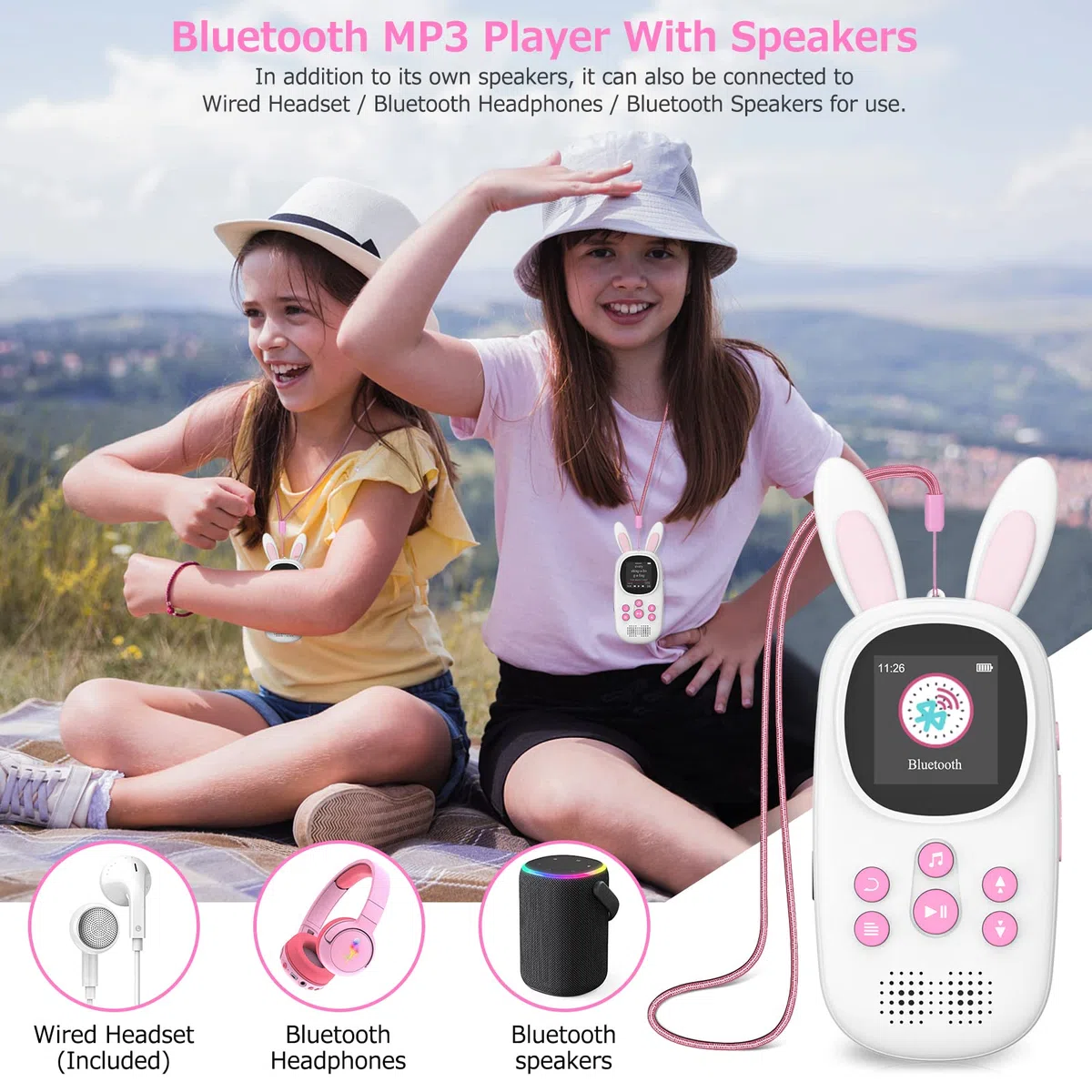 32GB Bluetooth MP3 Player Kinder, Niedlicher Hase Kinder Musik MP3 Player mit Kopfhörer & Lautsprecher, MP3-Player mit Alarm, Aufnahmen, Schrittzähler, Stoppuhr, Unterstützung bis zu 128GB