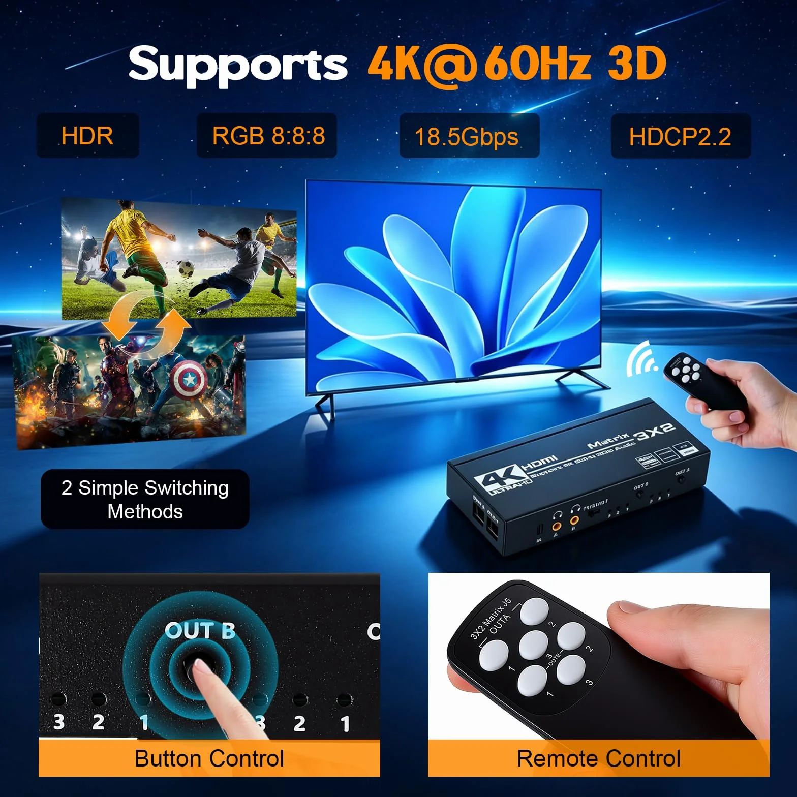 HDMI-Switch, 4 K, 60 Hz, 3 x 2, HDMI-Splitter 3 in 2 Out, HDCP 2.3 HDR10 18 Gbps, mit IR Fernbedienung & 3,5 mm Audio-Extraktor, unterstützt 4 K bei 60 Hz, HDCP 2.2, für Switch, PS5, Xbox, PC