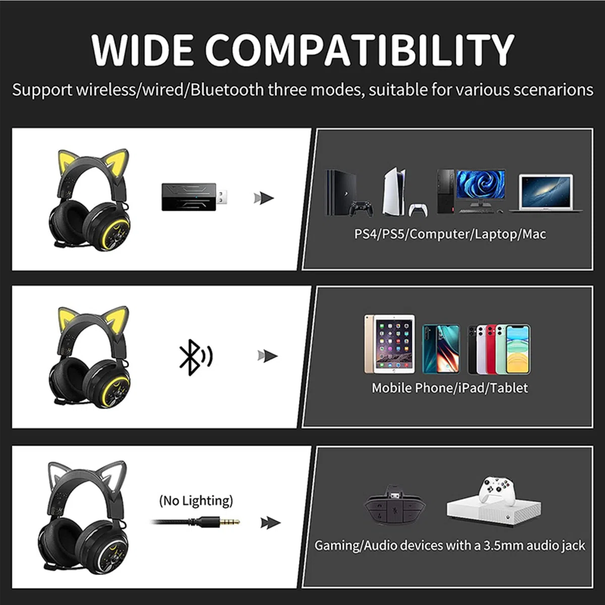 Yunseity Drahtlose -Kopfhörer, 3,5 Mm Abnehmbares Kabel, Kabellose Kopfhörer mit 3D-Surround-Sound, 1500 MAh, Einziehbares Mikrofon für PC-Musik (#1)