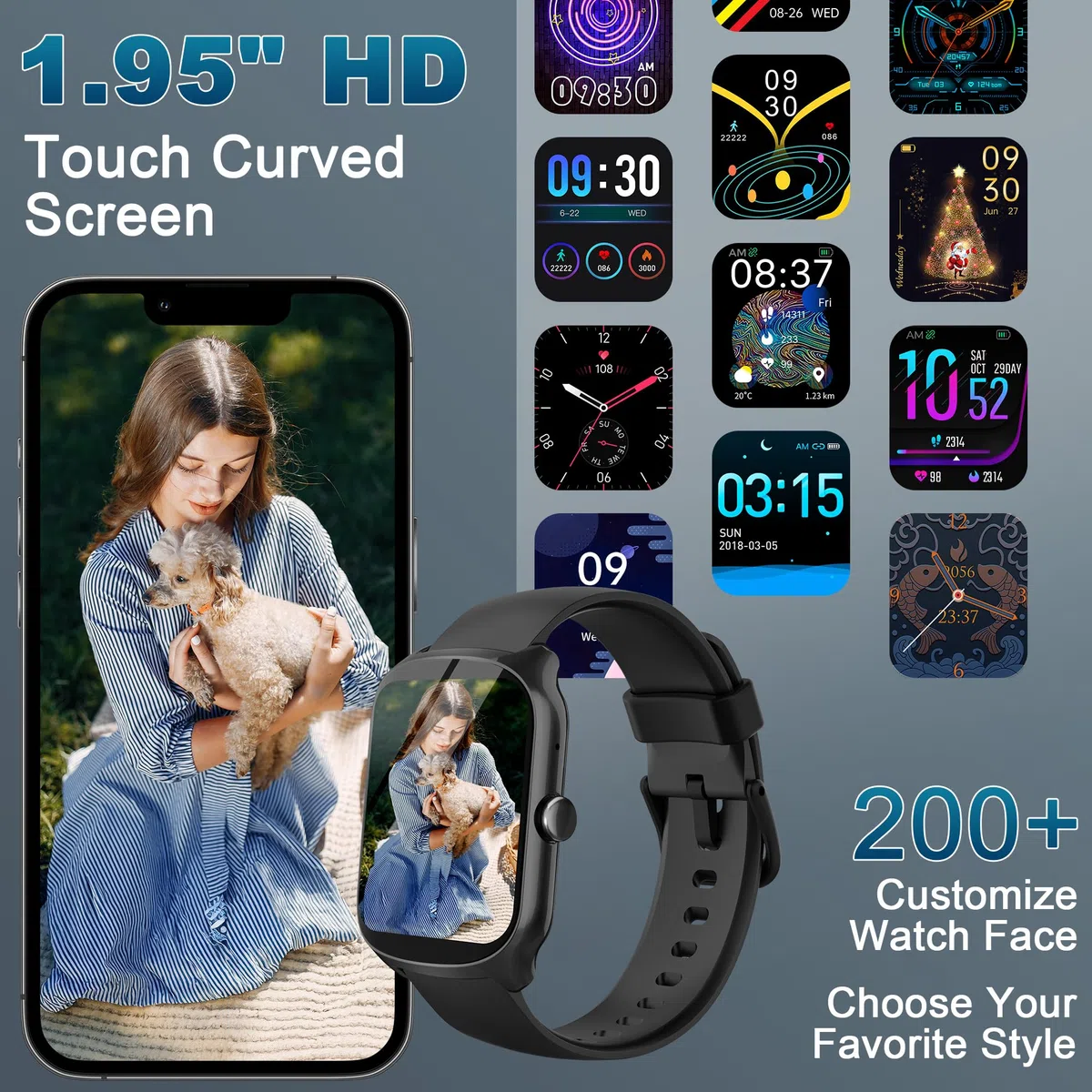 STECEi Smartwatch für Herren & Damen, 1,95'' HD Curved-Display, Bluetooth-Anruf entgegennehmen/tätigen, 112 Sportmodi, Fitnessuhr mit Schrittzähler/Schlafanalyse/Pulsmesser, IP68 wasserdicht, Schwarz