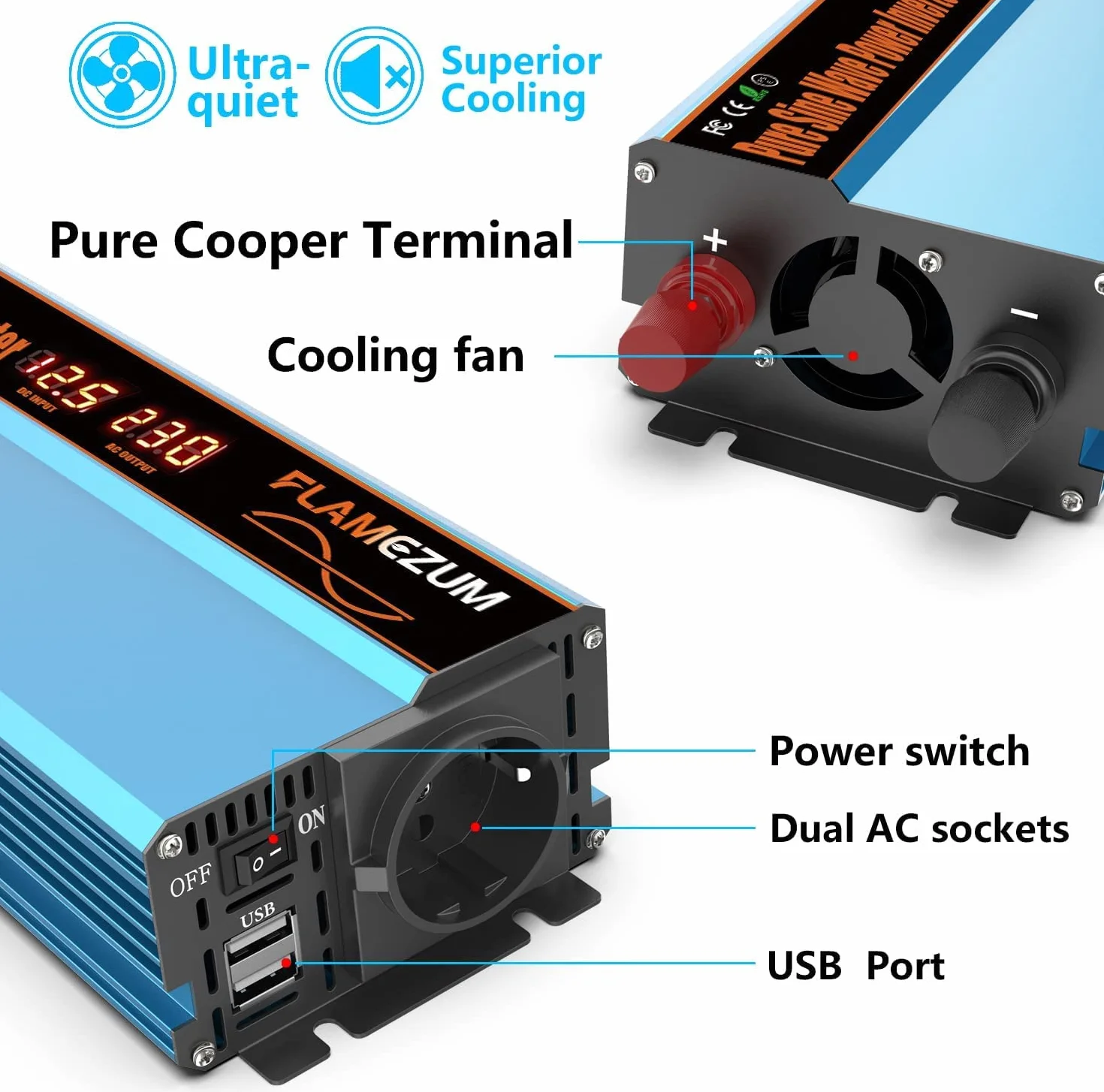FLAMEZUM 1000W/2000W Wechselrichter 12V auf 230V Reiner Sinus Spannungswandler Pure Sine Wave Inverter mit 1 EU Steckdose und 2 USB-Ports (3.4A) für Auto, Wohnmobil, Camping