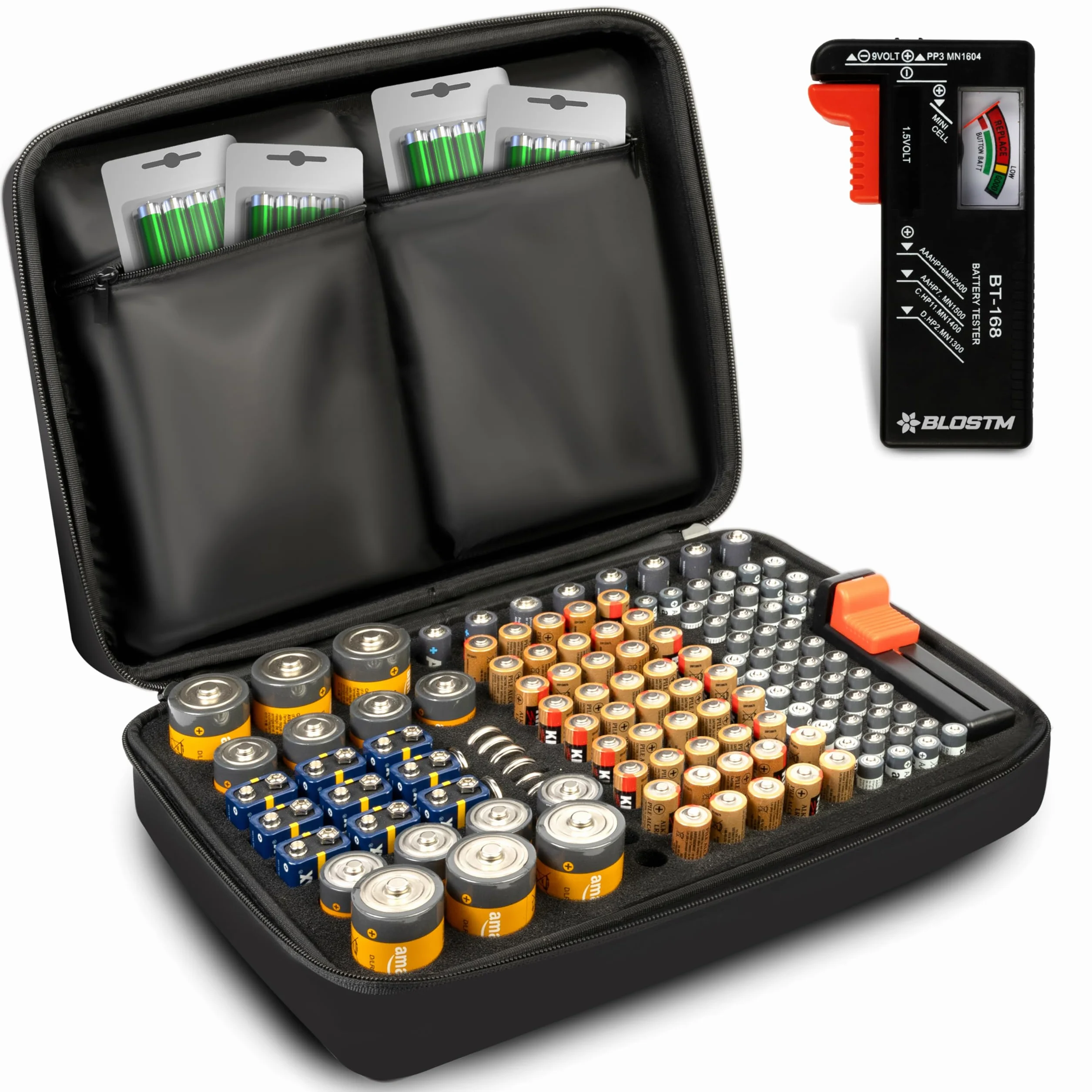 BLOSTM Batterie Organizer mit Batterietester - Batterie Aufbewahrungsbox für 140 Batterien AAA, AA, 9V, C, D, Knopfzelle, Batterie Box Aufbewahrung (Batterien Nicht Enthalten)