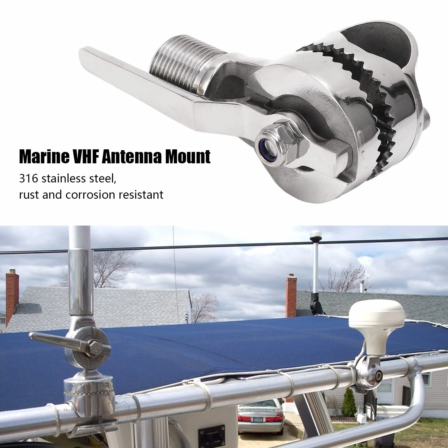 Marine-VHF-Antennenhalterung, Ratschenschienenbasis aus Edelstahl 316 mit 2 Verstellbaren Ratschen für Boote, Yachten, Wohnmobile