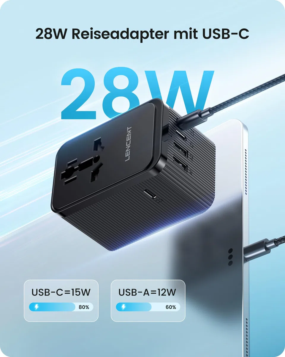 LENCENT Reiseadapter Weltweit, 28W Typ G, D, A, I, C, Universal Reisestecker Adapter mit 3 USB C und 2 USB A, Internationaler Steckdosenadapter für USA England Japan Malediven Sri Lanka Australien