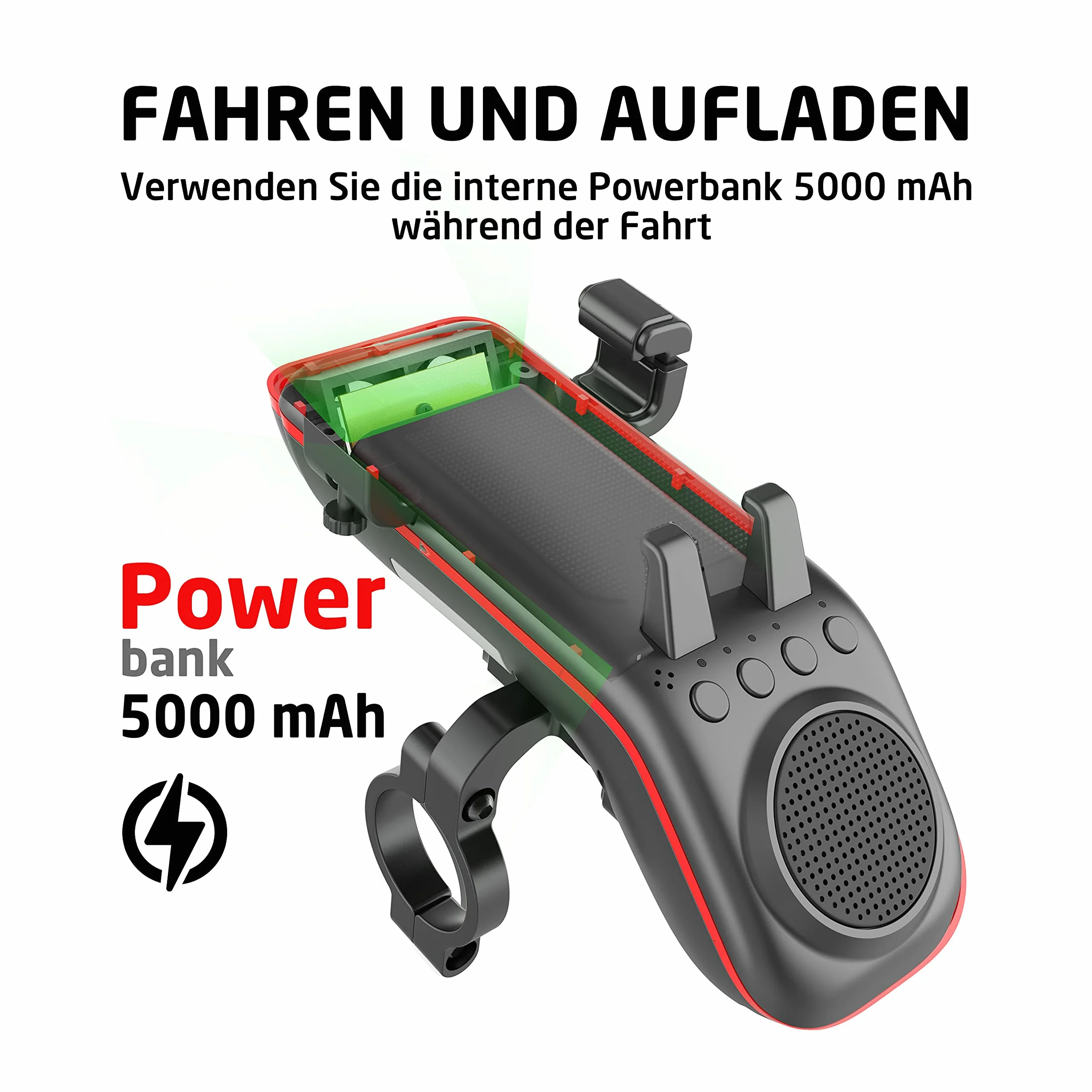 UPPEL Fahrrad Handyhalterung Mit Bluetooth Lautsprecher, 5000mAh Powerbank, Klingel, Mikrofon - 10-in-1 Multifunktional TF/SD/AUX Modus für Extrem & Freizeit Radsport, Mountainbike