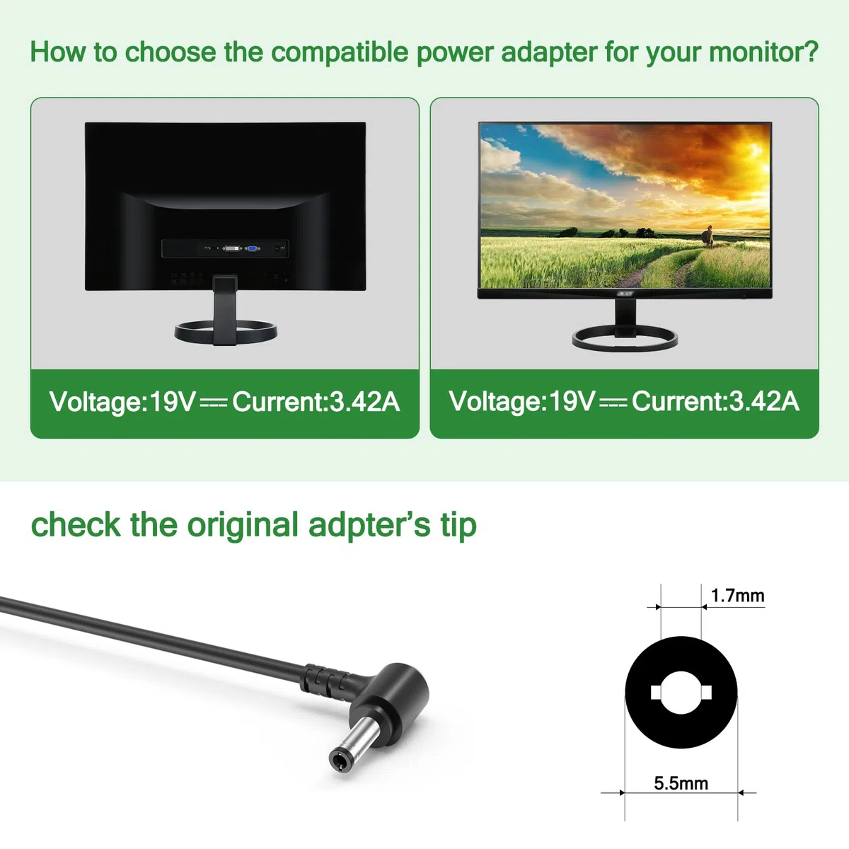 19V 3.42A AC Adapter Ladegerät für Acer Monitor | 19V Netzkabel für Acer-Monitor R240HY SB220Q SA230 S231HL S232HL H236HL S202HL S230HL S240HL S220HQL S271HL(5.5mm*1.7mm)