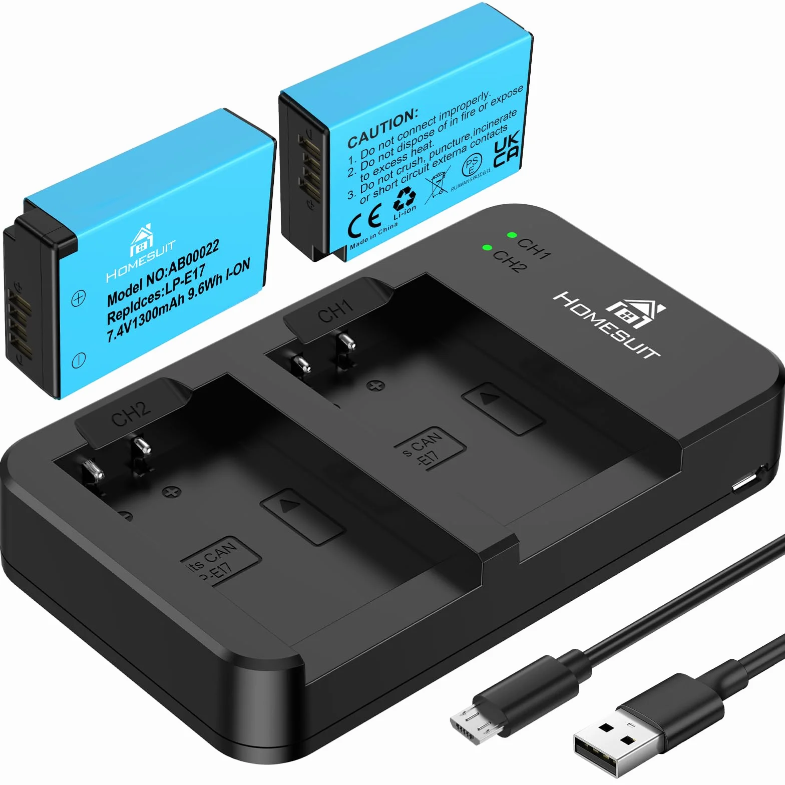 Homesuit 2er-Pack LP-E17 Akku 1300mAh & Typ-C LED Dual Ladegerät Kit für Canon EOS RP, R8, R10, R50, R100, M3, M5, M6, 200D, 77D, 750D, 760D, 800D, 8000D, Rebel SL3, SL2, T8i, T7i, T6i, T6s und mehr
