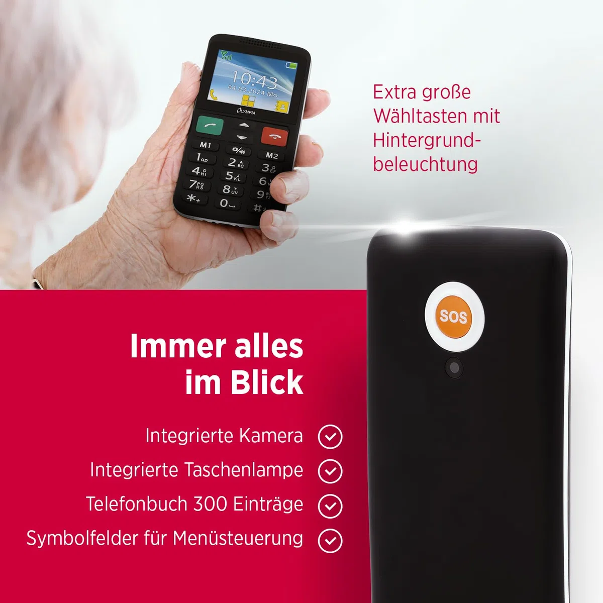 Olympia Mobiltelefon LUX | Komfort-Mobiltelefon mit Großtasten | Farb-Display | SOS-Taste | Seniorenhandy ohne Vertrag | Dual SIM, MicroSD-Slot, Bluetooth | Taschenlampe | inkl. Ladeschale | Schwarz
