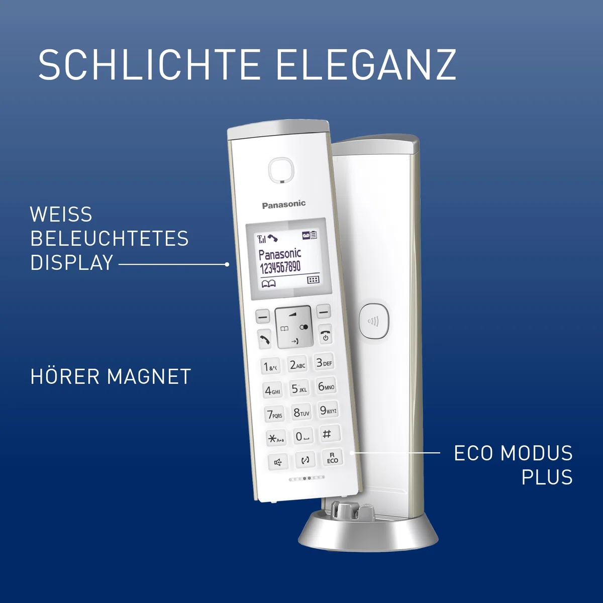 Panasonic KX-TGK220GN Design-Schnurlostelefon mit Anrufbeantworter, Station & Hörer, Freisprecheinrichtung, weißes LCD, Blockierung störender Anrufe, Hörer-Magnet, Champagnergold