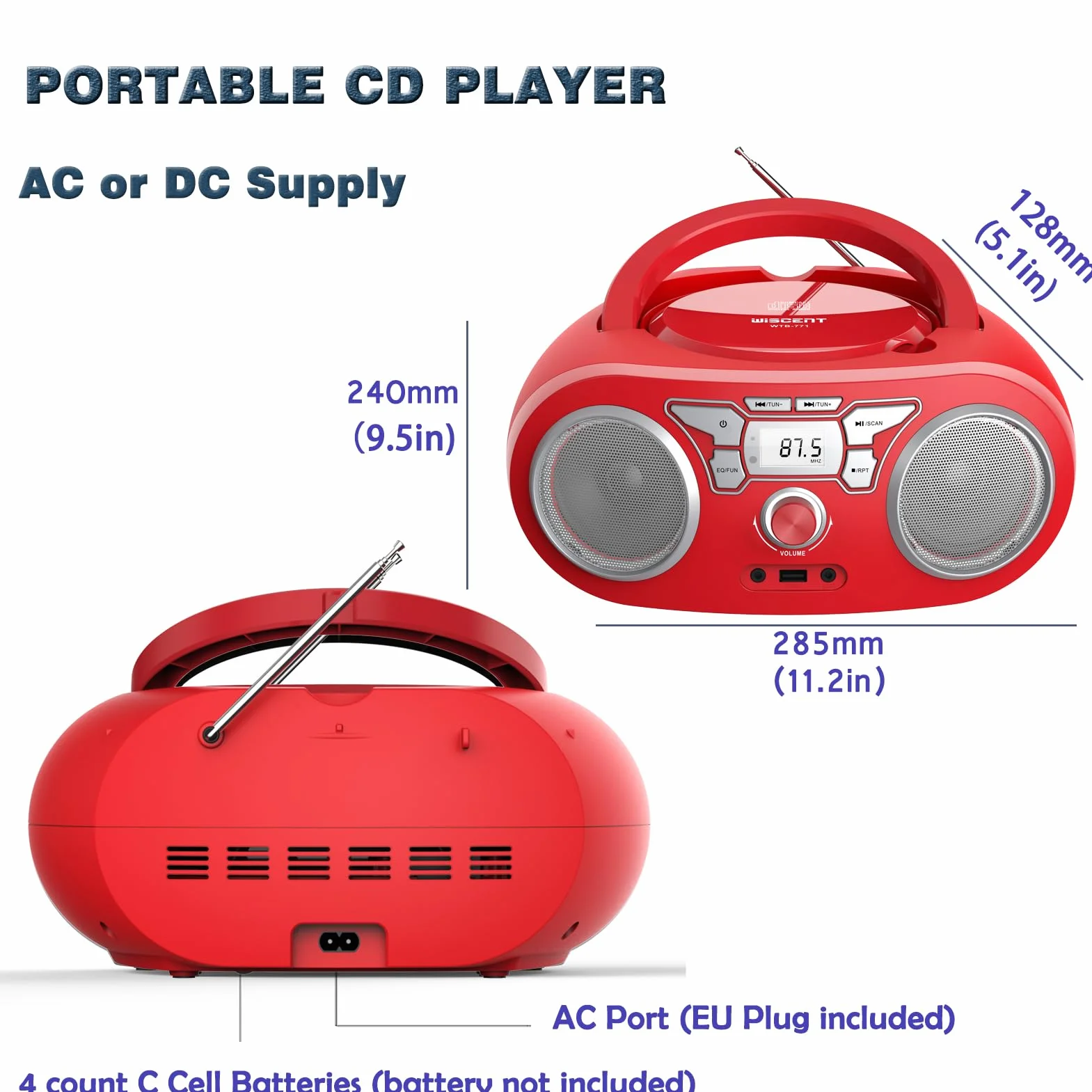 Tragbares Radio – mit CD-Player, Bluetooth Boombox, UKW-Radio, Fernbedienung, USB/AUX-Eingang, Kopfhöreranschlüsse, 4 Watt RMS Audio-Lautsprechern, Netz-/Batteriebetrieb
