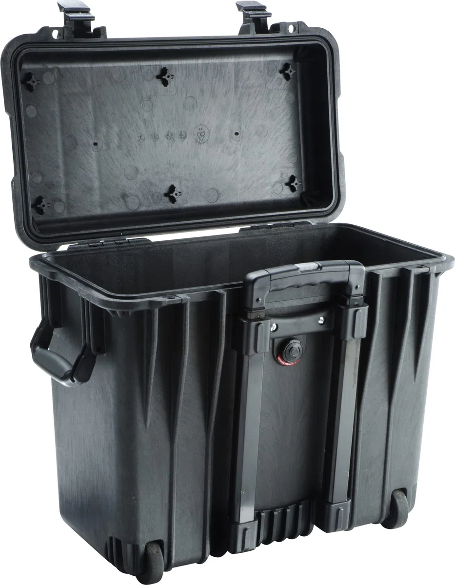 PELI 1440 Top Loader Koffer mit Rollen und Teleskopgriff, IP67 Wasserdicht, 34L Volumen, ohne Schaum, Farbe: Schwarz