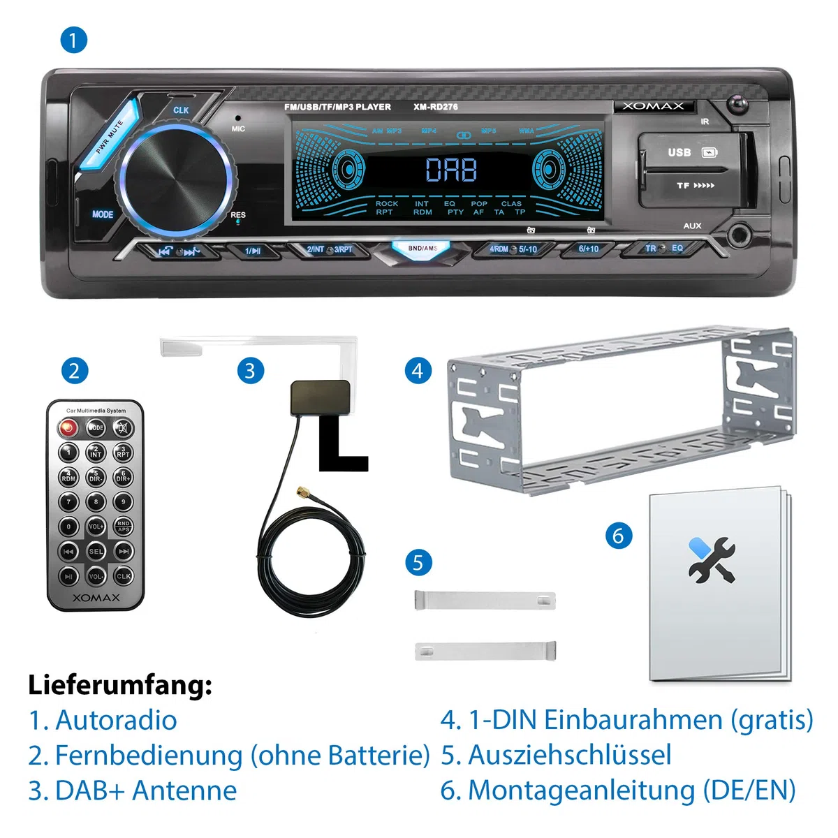 XOMAX XM-RD276 Autoradio mit DAB+ Tuner und Antenne I FM RDS I Bluetooth Freisprecheinrichtung I 2X USB, microSD, AUX I 7 Farben I 1 DIN