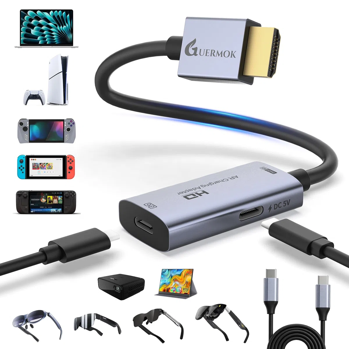 Guermok AR Glasses HDMI to USB-C Display Adapter, 4.9ft 4K@60Hz Play and Charge AR Converter with DC 5V, for XREAL One/Air 2 Pro/RayNeo/Rokid, Switch 2/1, Xbox1, PS4/5, Portable Monitors, Silver