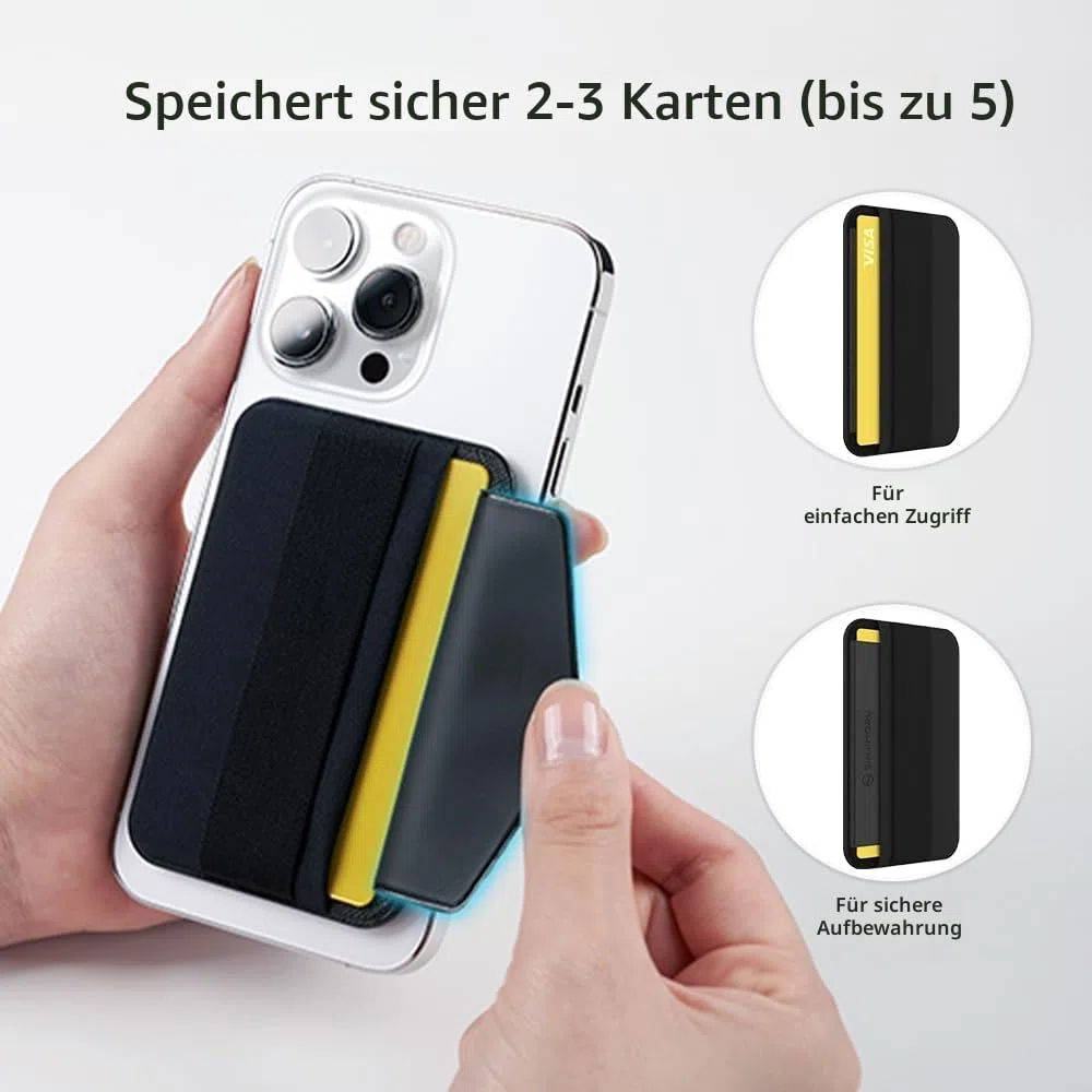 Sinjimoru Magnetischer Kartenhalter mit elastischem Fingerhalter, Handy Kartenetui mit weichem Band kompatibel mit MagSafe Wallet für iPhone 17, 16, 15, 14 & 13 Reihe. M-Band Schwarz