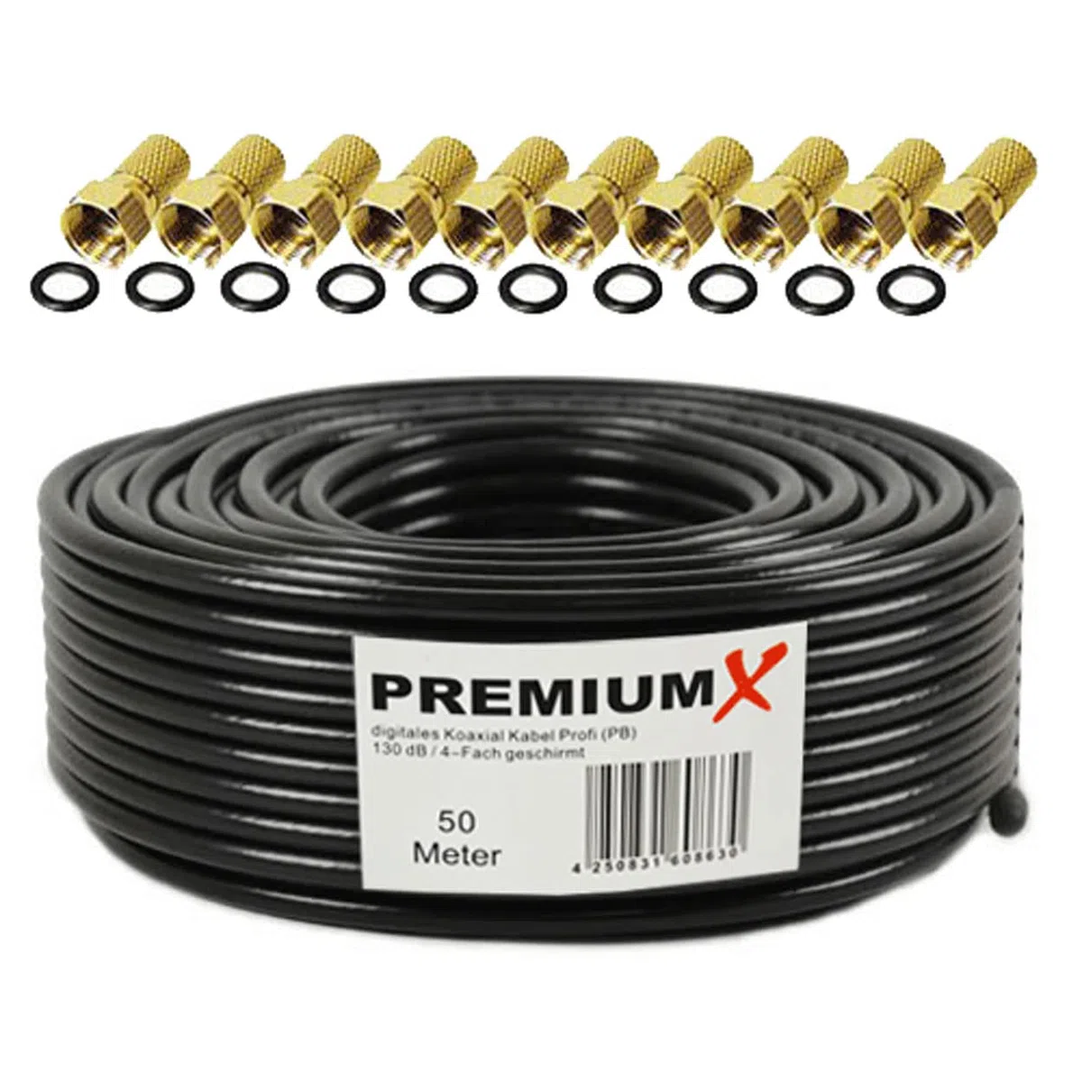 Premium X 50m PROFI Koaxialkabel Schwarz 135dB 4-fach CU KUPFER Satelliten Koax-Kabel SAT Antennenkabel 10x F-Stecker