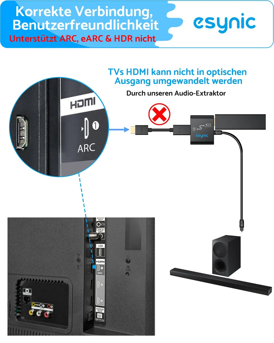 eSynic HDMI zu HDMI Audio Extractor 4K Optisch Splitter Adapter mit Optischer Audioausgang für Fire TV Stick Spezieller Fernsehkonverter 5.1 DTS Soundbar Konverter Ohne ARC/eARC Plug & Play