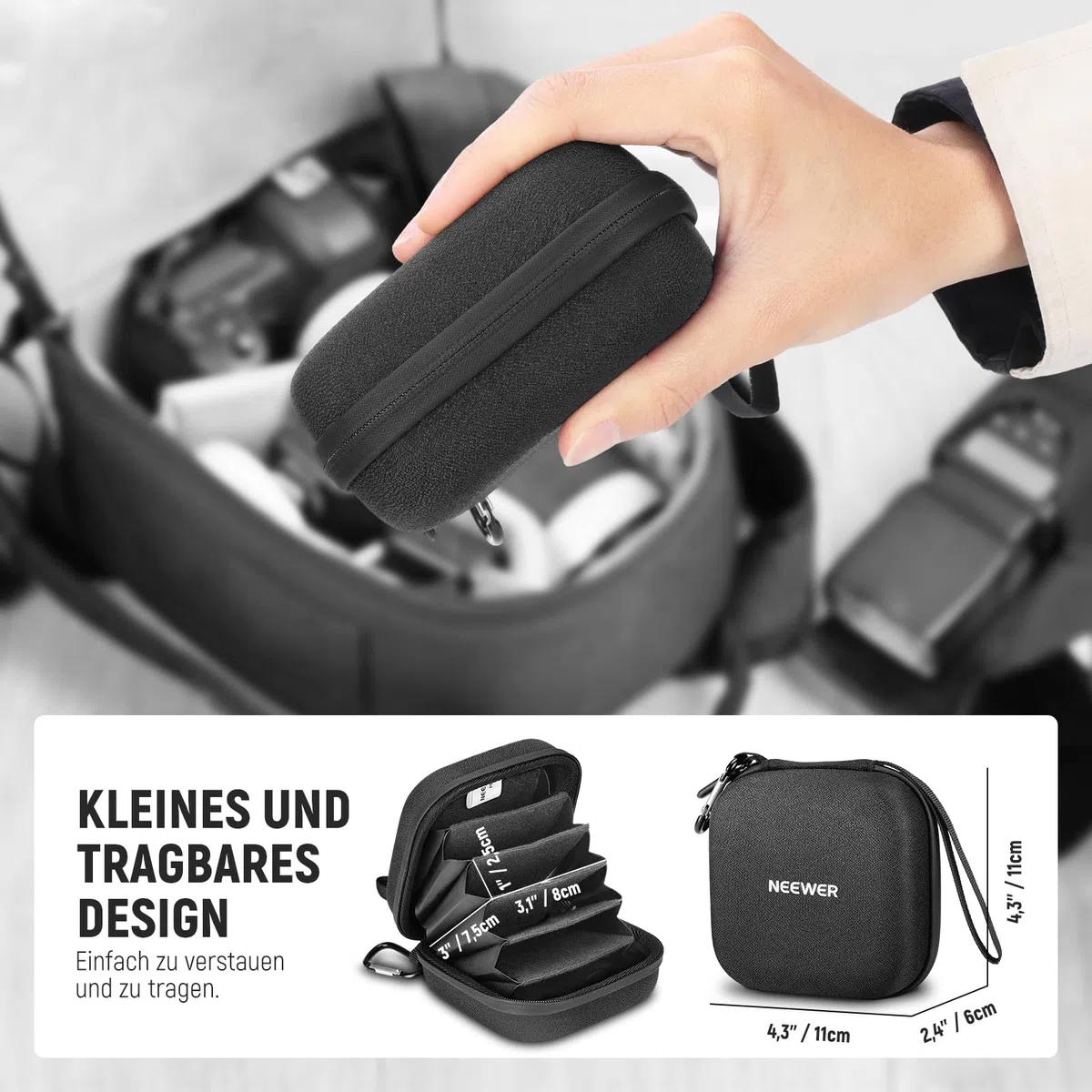 NEEWER PB12 11 x 11cm Filter Aufbewahrungstasche mit erweiterbaren Unterteilungen, Handschlaufe und Karabiner für 4 Rundfilter 86mm