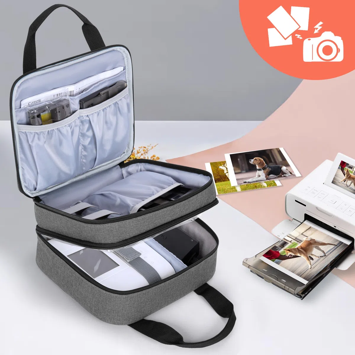 Luxja Fotodrucker Tasche Groß, Foto Drucker Tasche mit Griff, Photodrucker Reisetasche ist mit dem Canon SELPHY CP1500 / CP1300 / CP1200 Kompatibel, Grau