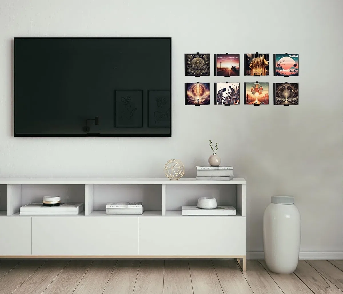 Wandhalterung | Minimalistischer, Retro Halter für 8 CDs | Regal, Deko Wand, Halterung | Selbstklebend, Ohne Bohren | Aufbewahrung (8, Schwarz)