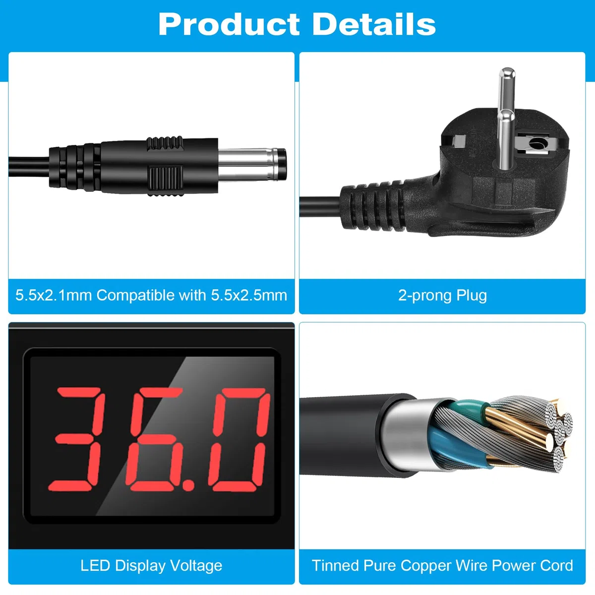 3V-36V Einstellbares Netzteil Universal Netzteiladapter 2A 72W Verstellbarer Netzadapter 100V-240V AC to DC mit LED Spannungsanzeige und 5,5x2,5mm 16Tipps für Haushaltselektronik, DC Motor 2A Max