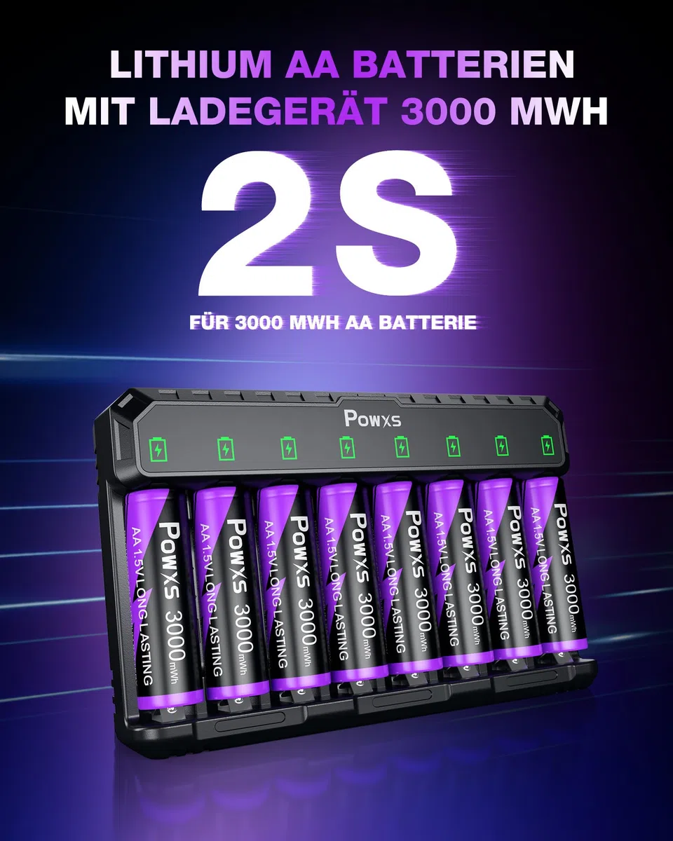 POWXS 1.5V Lithium Akku AA 8-Pack 2000 Zyklen & Stahlgehäuse, 3000mWh,mit USB Schnelladegerät, Kompatibel AA/AAA für Spielgeräte & Blink-Kameras