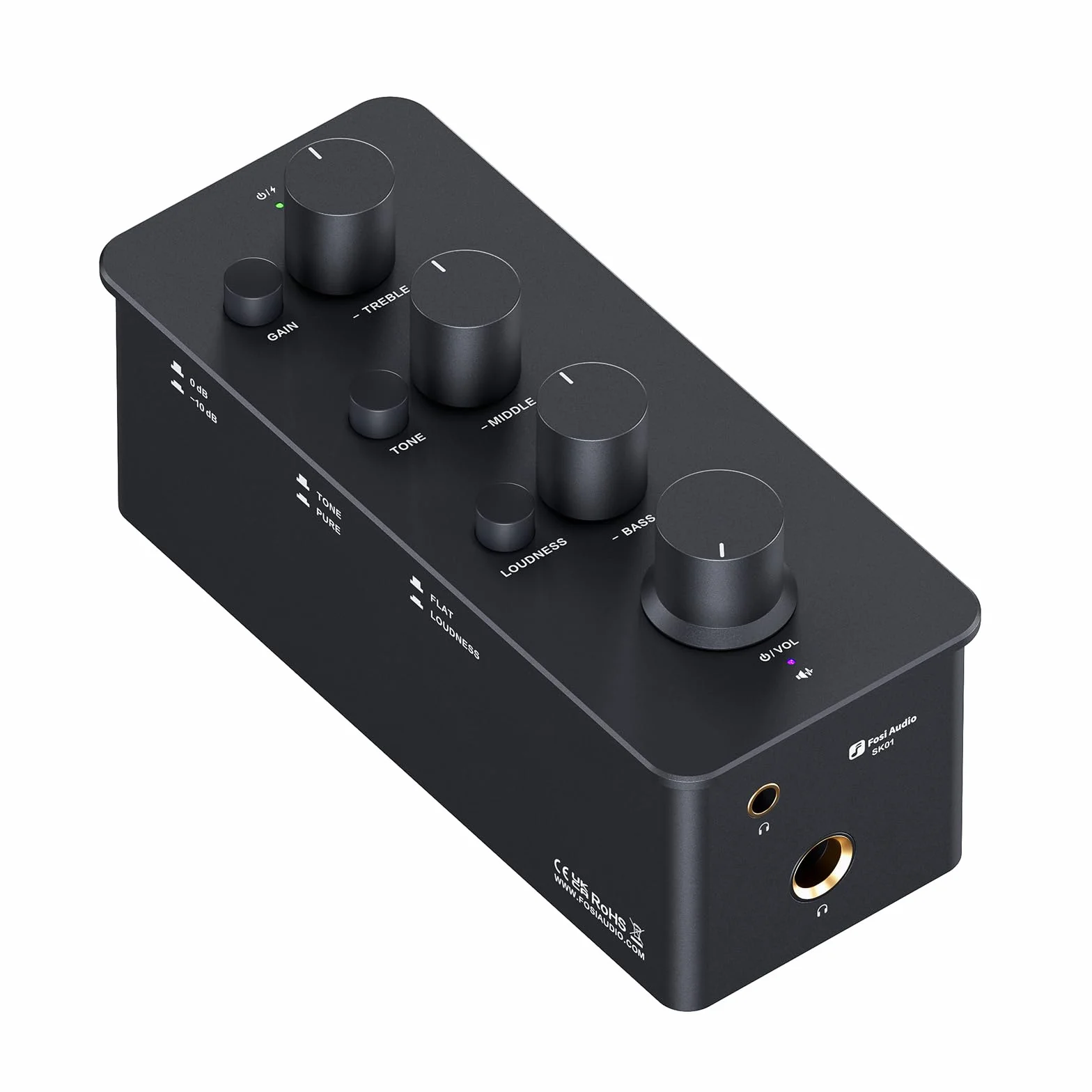 Fosi Audio SK01 Hi-Fi Kopfhörer-Verstärker, Equalizer Vorverstärker mit Bass Mittel Höhen Klangregler & Loudness-Kompensation, tragbarer Klass-A Analog Verstärker für 3,5mm & 6,35mm Buchsen E Gitarre