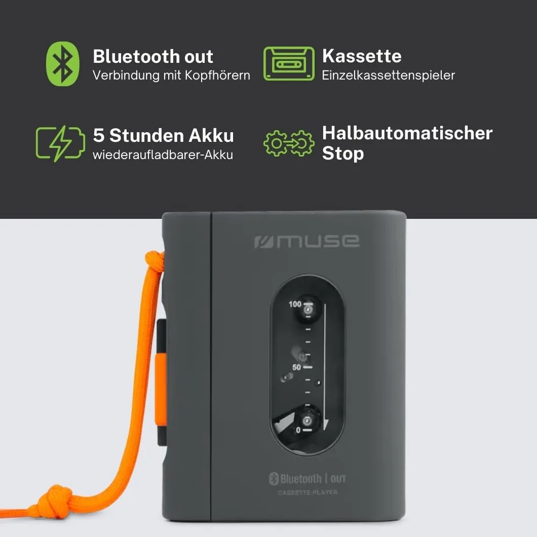 Muse Kassettenspieler - Tragbarer Kassettenspieler mit Kopfhöreranschluss und Bluetooth | Schnelles Aufladen per USB-C - Schickes Design | Schwarz