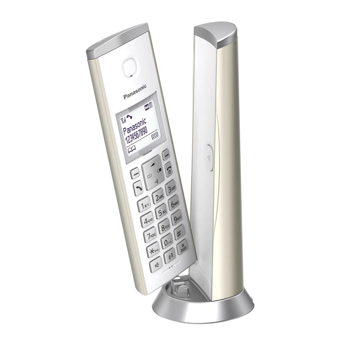 Panasonic KX-TGK220GN Design-Schnurlostelefon mit Anrufbeantworter, Station & Hörer, Freisprecheinrichtung, weißes LCD, Blockierung störender Anrufe, Hörer-Magnet, Champagnergold