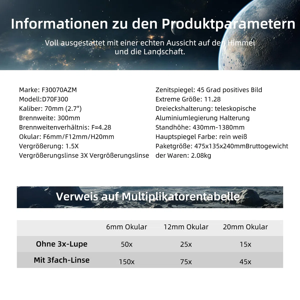ACESOME Teleskop für Kinder Erwachsene, Telescope Astronomy Vergrößerung 15-150x, 70mm Spiegelteleskop, Teleskop mit Handyhalterung und Sonnenfilterfolie