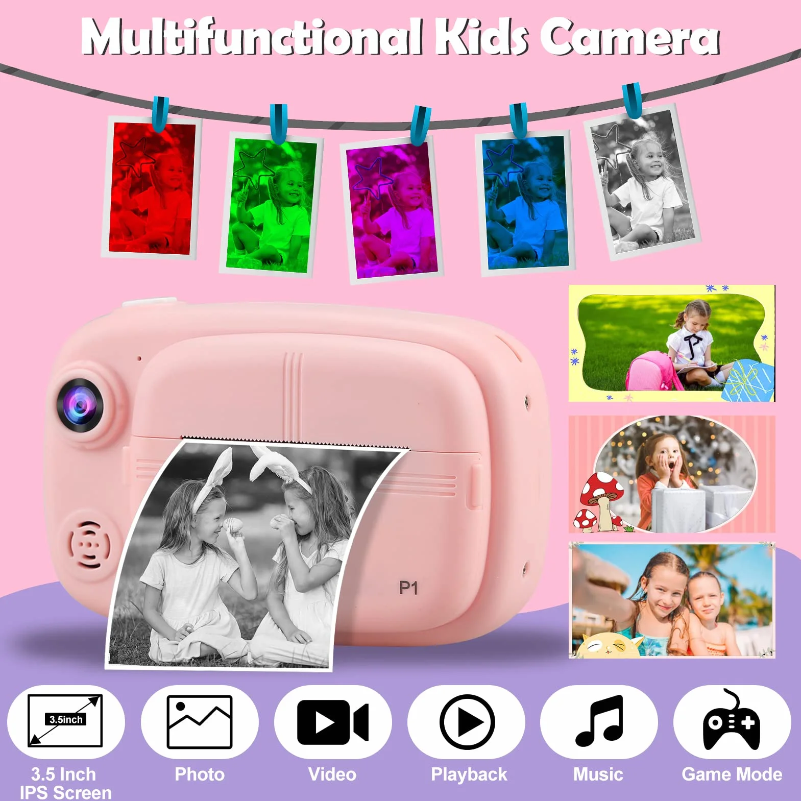 Sofortbildkamera Kinder, Instant Digitalkamera 3.5" 1080P Zero-Ink Sofortbildkameras Kamera mit 4 Rollen Druckpapier, 32GB TF-Karte Digital Kinderkamera Geschenke Junge für 3-14 (Rosa)