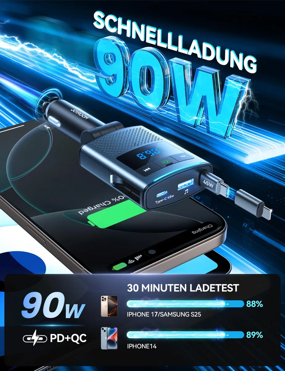 JOYROOM 90W Bluetooth 5.4 Adapter Auto,【100cm Einziehbares Kabel】 2026 Zigarettenanzünder USB C & FM Transmitter, 24V/12V USB Adapter Auto mit Freisprecheinrichtung, KFZ Zubehör für iPhone 17