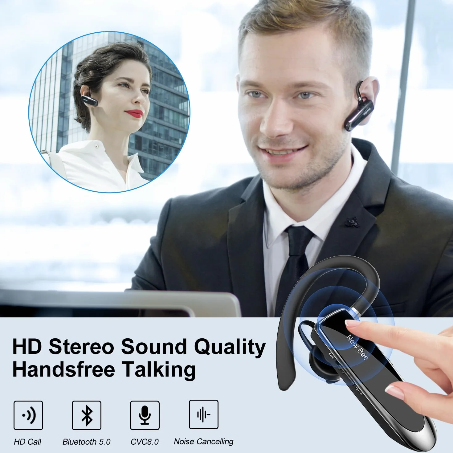 New Bee Bluetooth Headset Wireless Freisprech Telefon Bluetooth-Headset mit Mikrofon für iPhone Samsung Huawei mit 60 Tage Standby Schwarz