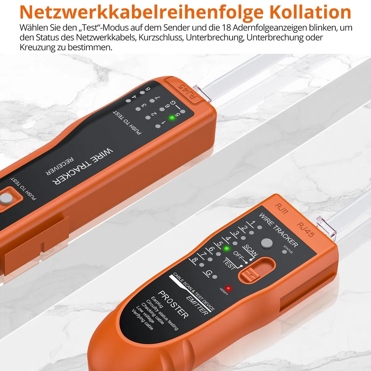 Proster Netzwerkkabel Wire Tracker XQ 350 mit Kopfhörer Hochempfindlicher Handheld Telefonkabeltester Wire Tracker für LAN Ethernet BNC RJ45 RJ11 Tester -Orange